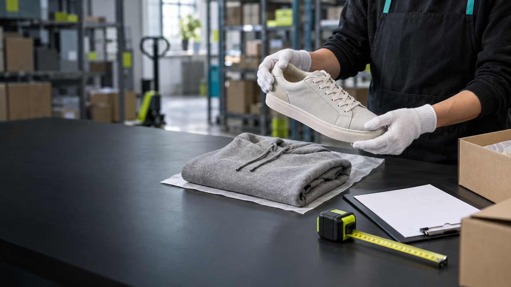 Quality-control review of an unbranded shoe and clothing before international shipping